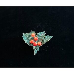 Sandor Vintage Signed Holly Leaves Pin Brooch Red Berries Enameled Christmas VTG
